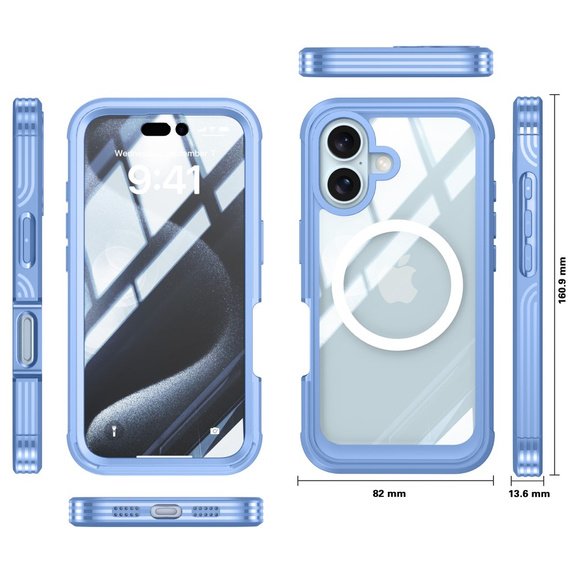 Θήκη για iPhone 16, Shockproof, με γυαλί, για MagSafe, μπλε
