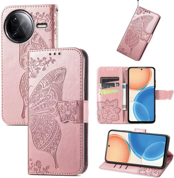 Θήκη με πτερύγιο για Xiaomi Poco F7 Pro, Butterfly, ροζ rose gold
