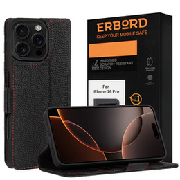Θήκη για iPhone 16 Pro, ERBORD πορτοφόλι με πτερύγιο, μαύρη