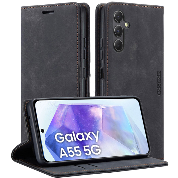 Θήκη για Samsung Galaxy A55, ERBORD Vintage, μαύρη + Γυαλί για την οθόνη