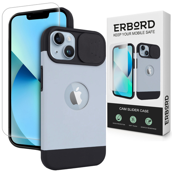 Θήκη ERBORD MagSafe Cam Slider, μπλε + Γυαλί για την οθόνη για iPhone 13 / iPhone 14