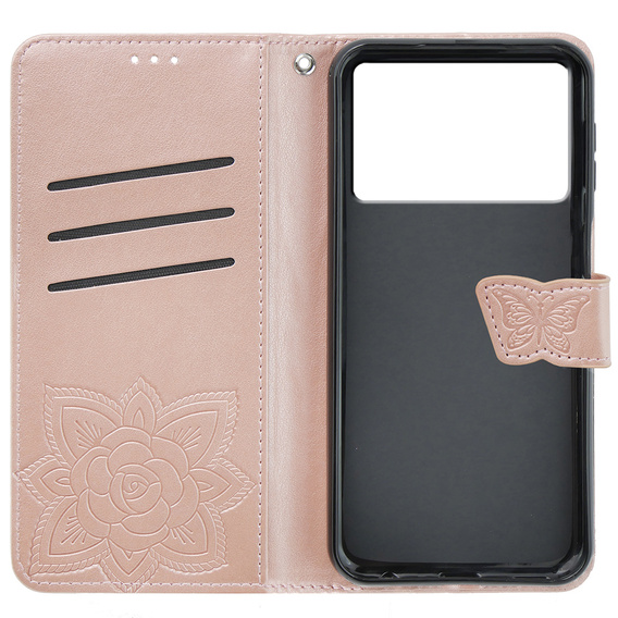 Θήκη με πτερύγιο για Xiaomi Poco F6 Pro, Butterfly, ροζ rose gold