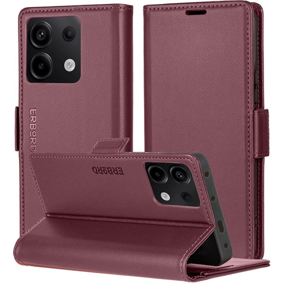 Θήκη για Xiaomi Redmi Note 13 5G, ERBORD Glossy Litchi, πορτοφόλι με πτερύγιο, κόκκινη