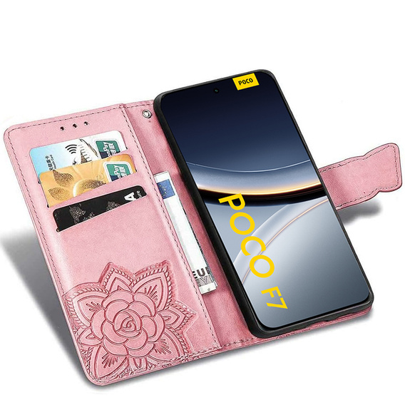 Θήκη με πτερύγιο για Xiaomi Poco F7, Butterfly, ροζ rose gold