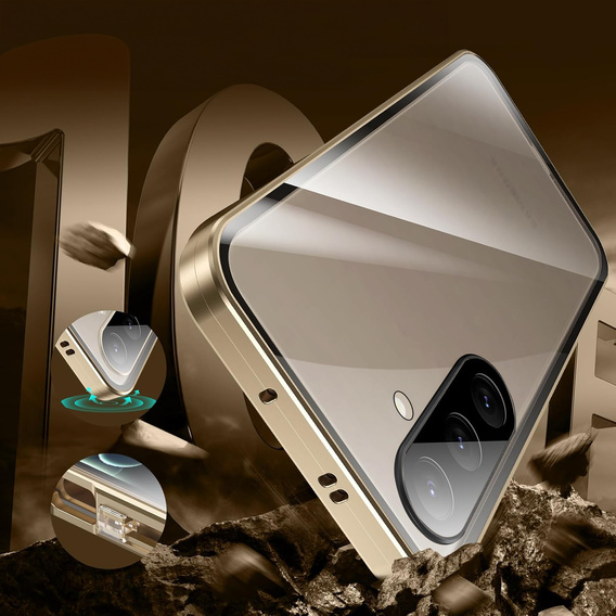 Θήκη για Samsung Galaxy A17 5G, Μαγνητικό διπλό γυαλί, διάφανη με χρυσές πλευρές