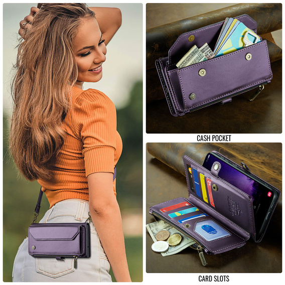 θήκη CASEME για Samsung Galaxy S25 FE, RFID Leather Wallet, με λουράκι ώμου, μωβ