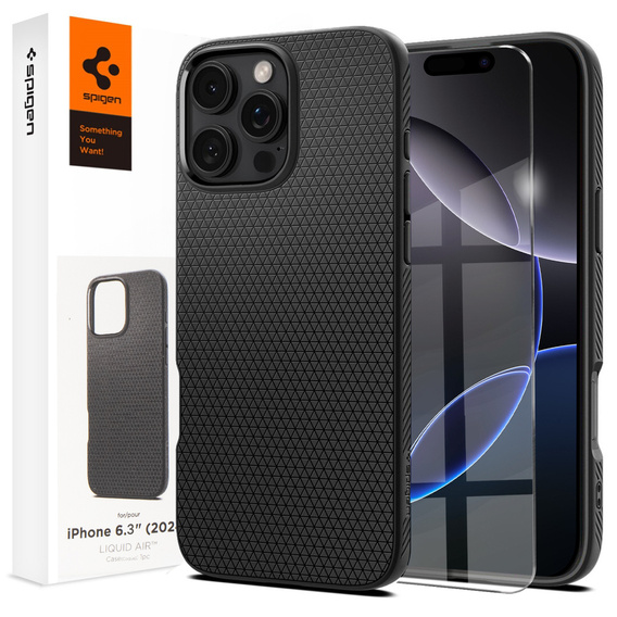 θήκη Spigen για iPhone 16 Pro, Liquid Air, μαύρη + μετριασμένο γυαλί 9H