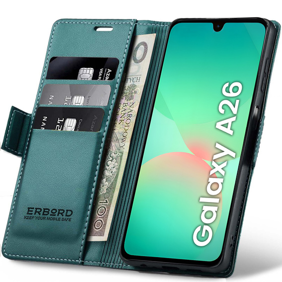 Θήκη για Samsung Galaxy A26, ERBORD Glossy Litchi, πορτοφόλι με πτερύγιο, πράσινη