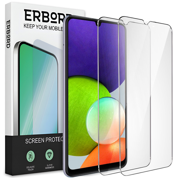 2x Μετριασμένο γυαλί για Samsung Galaxy A22 5G, ERBORD 9H Hard Glass στην οθόνη