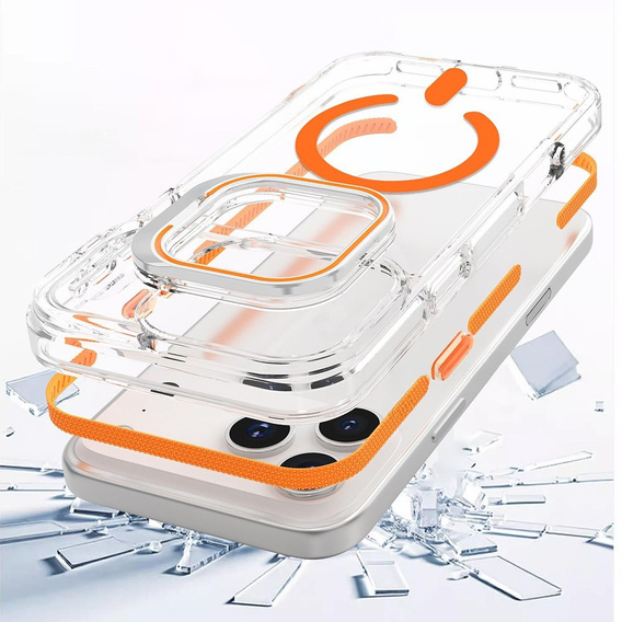 Θήκη για iPhone 17 Pro, για MagSafe, με βάση, διάφανη με πορτοκαλί ένθετα