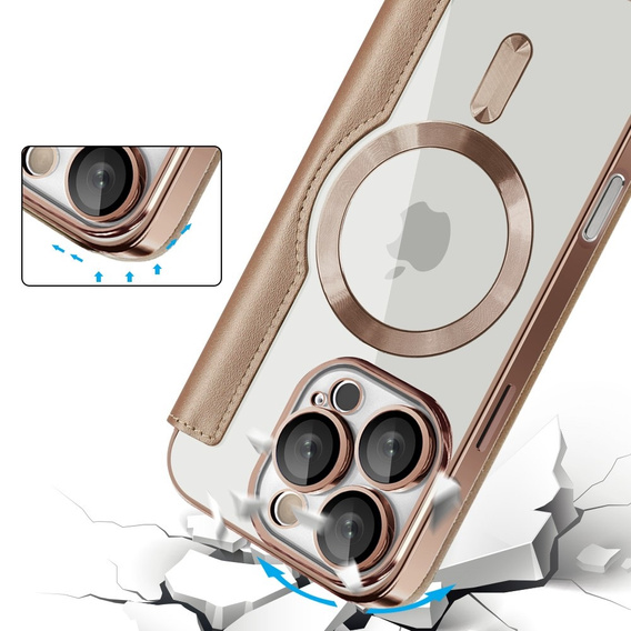 Θήκη με πτερύγιο για iPhone 16 Pro, RFID Wallet MagSafe CamShield, χρυσή