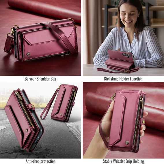 θήκη CASEME για Samsung Galaxy S25 FE, RFID Leather Wallet, με λουράκι ώμου, κόκκινη