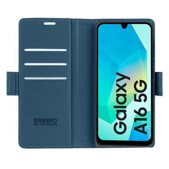 Θήκη για Samsung Galaxy A16, ERBORD Glossy Litchi, πορτοφόλι με πτερύγιο, μπλε