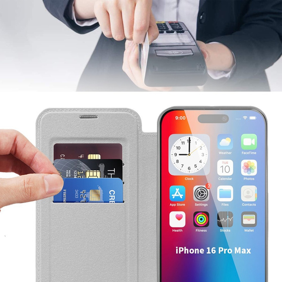 Θήκη με πτερύγιο για iPhone 16 Pro Max, RFID Wallet MagSafe CamShield, ασημένια