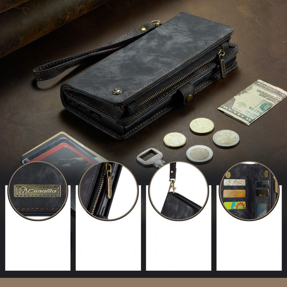 CASEME θήκη για Samsung Galaxy A56 5G, Retro Leather Wallet, με λουράκι, μαύρη