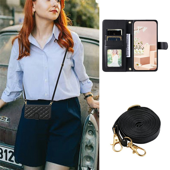 θήκη πτερύγιο για Samsung Galaxy S25 FE, Rhombus Crossbody Leather, μαύρη