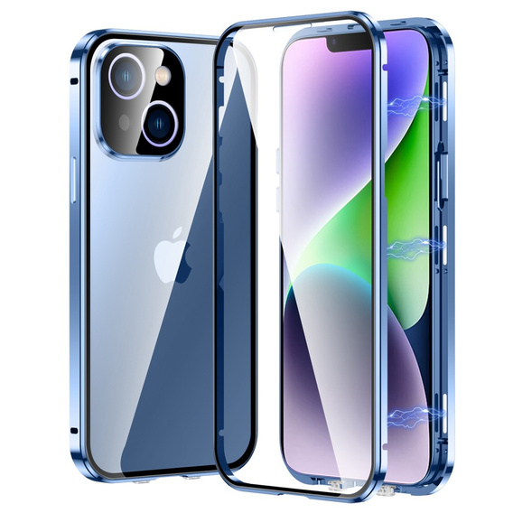 θήκη για το iPhone 14, Magnetic Dual Glass, μπλε