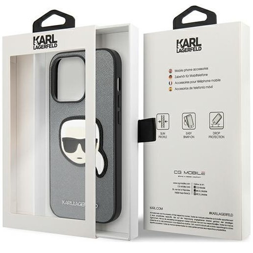 Karl Lagerfeld Θήκη για iPhone 14 Pro Max, Saffiano Karl's Head Patch, ασημένια