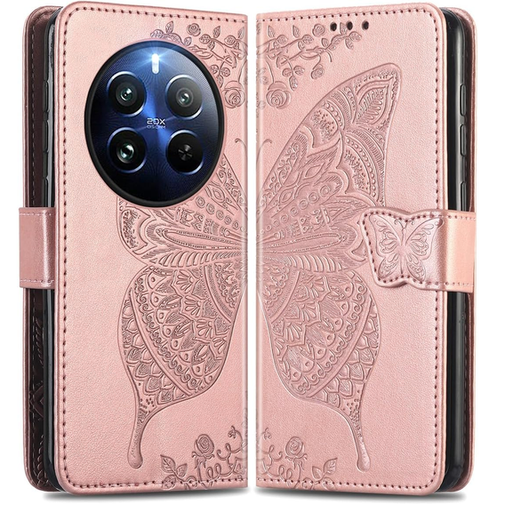 Θήκη με πτερύγιο για Realme 12 Pro 5G / 12 Pro+ 5G, Butterfly, ροζ rose gold