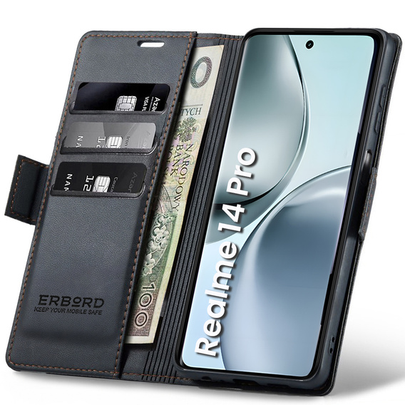 Θήκη για Realme 14 Pro 5G, ERBORD Glossy Litchi, πορτοφόλι με πτερύγιο, μαύρη