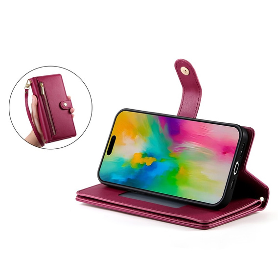 Θήκη με πτερύγιο για iPhone 16 Pro, Wallet Zipper Pocket, κόκκινη