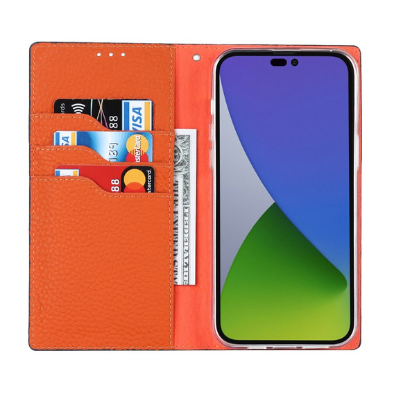 Θήκη με πτερύγιο για iPhone 14 Pro, Litchi Skin Grain, σκούρο μπλε