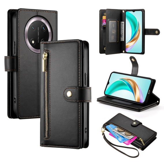 Θήκη με πτερύγιο για Honor Magic 7 Lite, Wallet Zipper Pocket, μαύρη