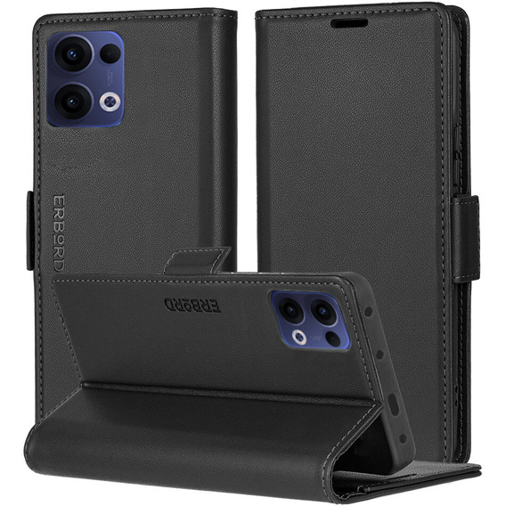 Θήκη για Oppo Reno 13, ERBORD Glossy Litchi, πορτοφόλι με πτερύγιο, μαύρη
