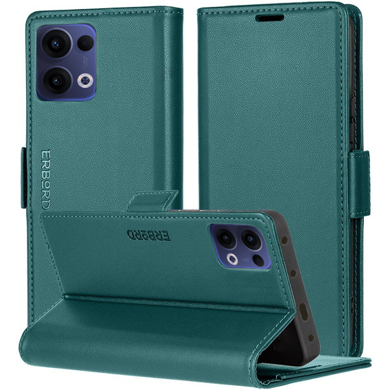Θήκη για Oppo Reno 13, ERBORD Glossy Litchi, πορτοφόλι με πτερύγιο, πράσινη