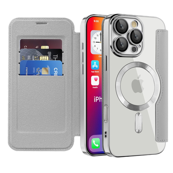 Θήκη με πτερύγιο για iPhone 16 Pro, RFID Wallet MagSafe CamShield, ασημένια