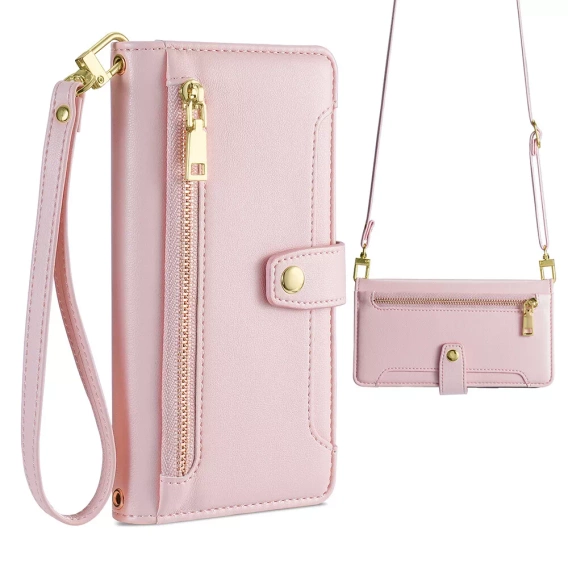 Θήκη με πτερύγιο για iPhone 16E, Wallet Zipper Pocket, ροζ