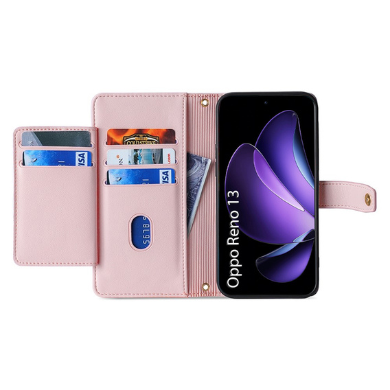 Θήκη με πτερύγιο για Oppo Reno 13, Wallet Zipper Pocket, ροζ