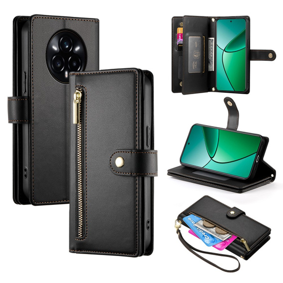 Θήκη με πτερύγιο για Realme 14 Pro 5G, Wallet Zipper Pocket, μαύρη