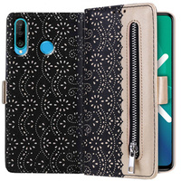 θήκη πτερύγιο για Huawei P30 Lite, Wallet Pocket Zipper Lace, μαύρη