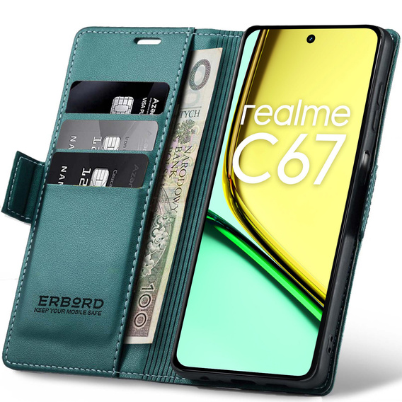 Θήκη για Realme C67 4G, ERBORD Glossy Litchi, πορτοφόλι με πτερύγιο, πράσινη
