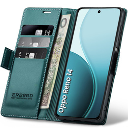 Θήκη για Oppo Reno 14, ERBORD Glossy Litchi, πορτοφόλι με πτερύγιο, πράσινη