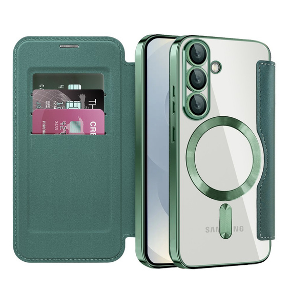 Θήκη με πτερύγιο για Samsung Galaxy S25, RFID Wallet MagSafe CamShield, πράσινη