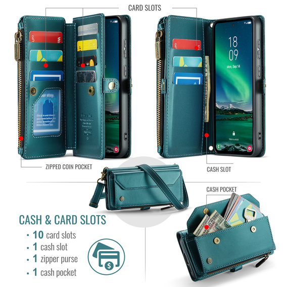 θήκη CASEME για Samsung Galaxy S25 FE, RFID Leather Wallet, με λουράκι ώμου, πράσινη