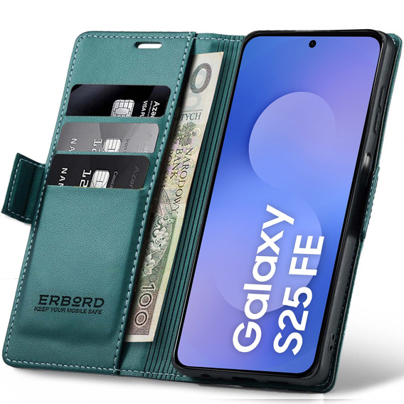 Θήκη για Samsung Galaxy S25 FE, ERBORD Glossy Litchi, πορτοφόλι με πτερύγιο, πράσινη