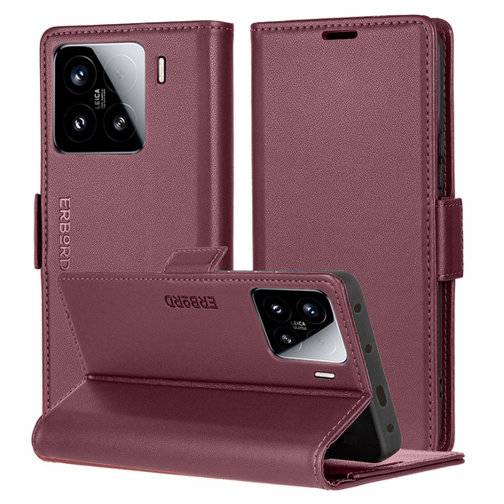 Θήκη για Xiaomi 15, ERBORD Glossy Litchi, πορτοφόλι με πτερύγιο, κόκκινη