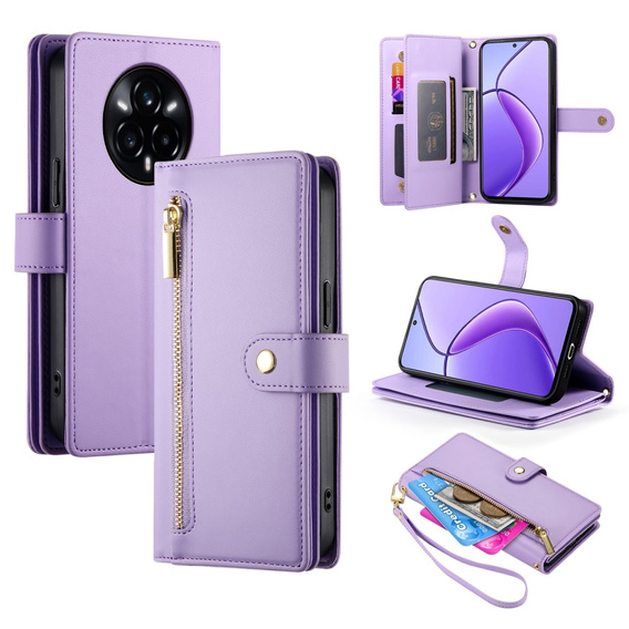 Θήκη με πτερύγιο για Realme 14 Pro+ 5G, Wallet Zipper Pocket, μωβ