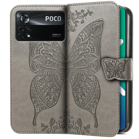 Θήκη με πτερύγιο για Xiaomi Poco X4 Pro 5G, Butterfly, γκρι