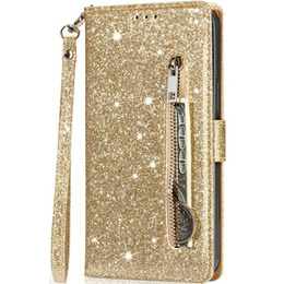 Θήκη με πτερύγιο για Samsung Galaxy A55, Wallet Zipper Pocket Glittery, χρυσή