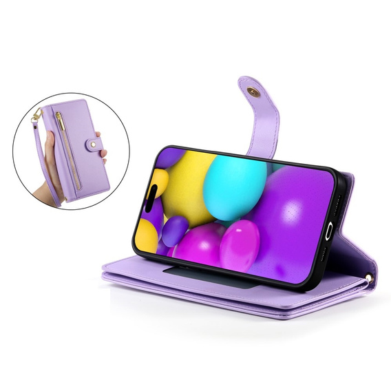 Θήκη με πτερύγιο για iPhone 16 Plus, Wallet Zipper Pocket, μωβ