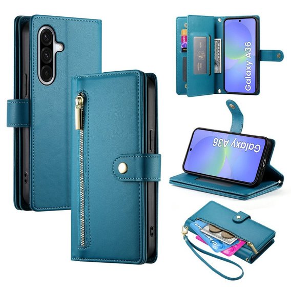 Θήκη με πτερύγιο για Samsung Galaxy A36 5G, Wallet Zipper Pocket, μπλε