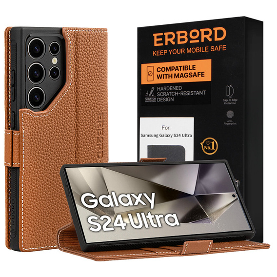Δερμάτινη θήκη για Samsung Galaxy S24 Ultra, ERBORD LeatherWallet, καφέ