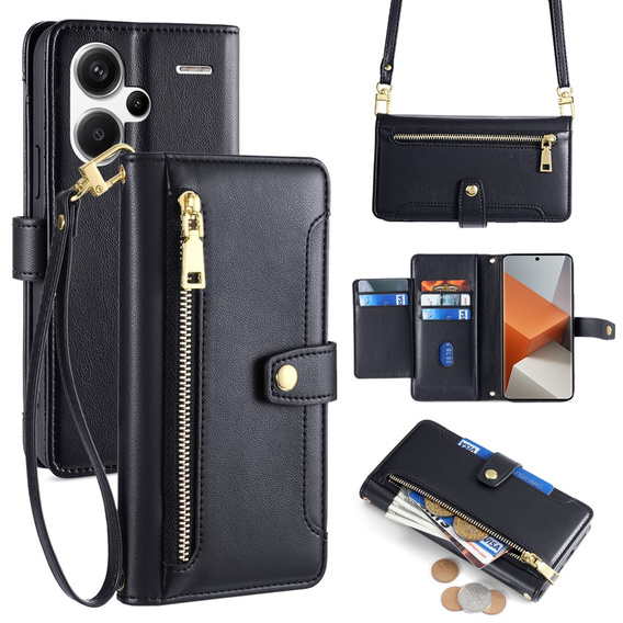 Θήκη με πτερύγιο για Xiaomi Redmi Note 13 Pro+, Wallet Zipper Pocket, μαύρη