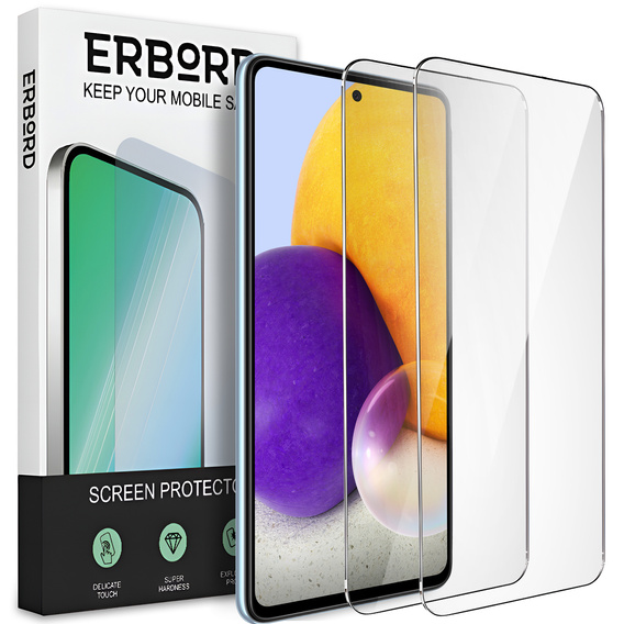 2x Μετριασμένο γυαλί για Samsung Galaxy A72, ERBORD 9H Hard Glass στην οθόνη
