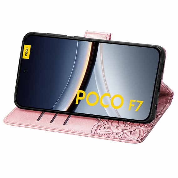 Θήκη με πτερύγιο για Xiaomi Poco F7, Butterfly, ροζ rose gold