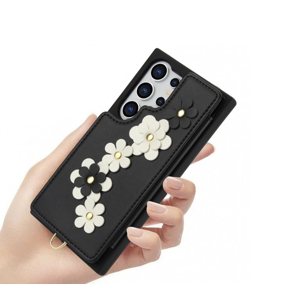 θήκη για Samsung Galaxy S25 Ultra, Leather Flower Card Slot, μαύρη